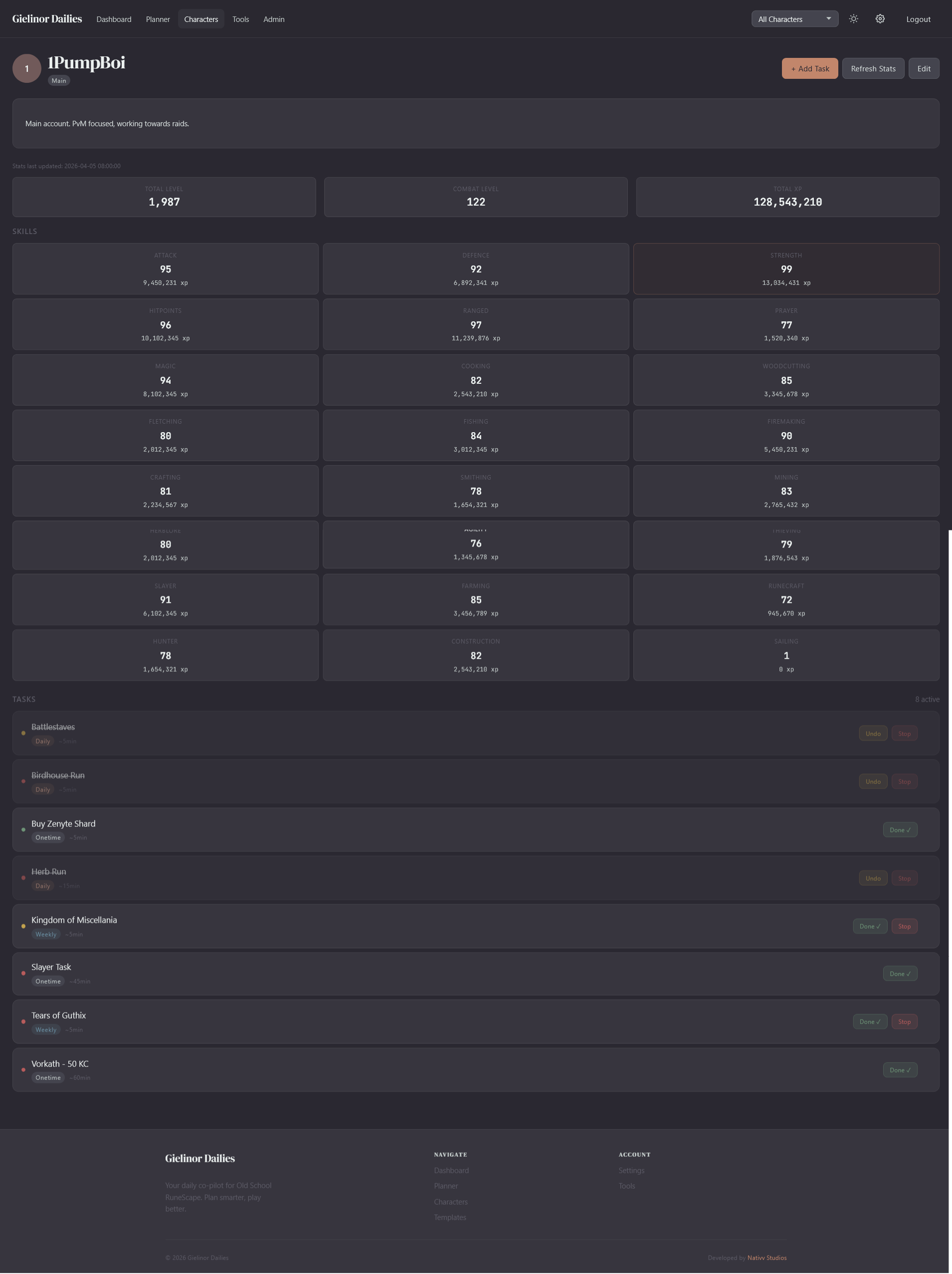 Character profile showing skill levels, stats, and goals