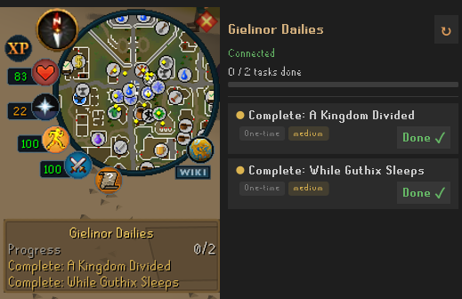 RuneLite plugin panel showing task list and completion status