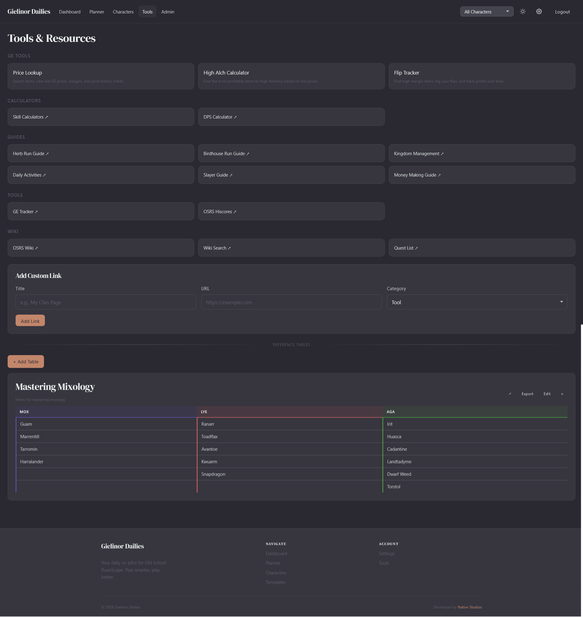 Tools page showing GE tools, quick links, and reference tables